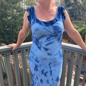 Blue Boho Dress with Silk Velvet Trim